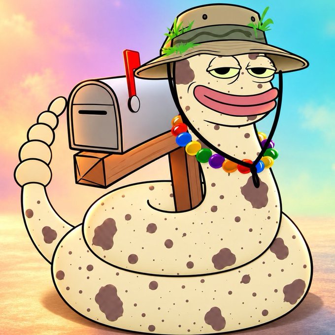 A cartoon-style illustration of a coiled, spotted snake wearing a safari hat with leaves, a colorful beaded necklace, and carrying a wooden mailbox and a silver mailbox on its back against a pastel sunset background.