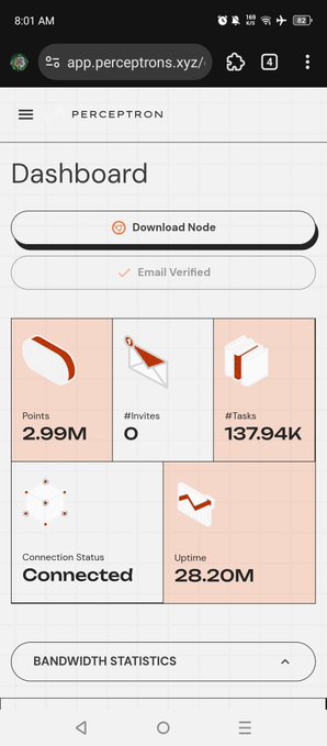 A mobile screenshot of the Perceptrons dashboard shows a verified email, 2.99M points, 0 invites, 137.94K tasks, a connected status, and 28.20M uptime.