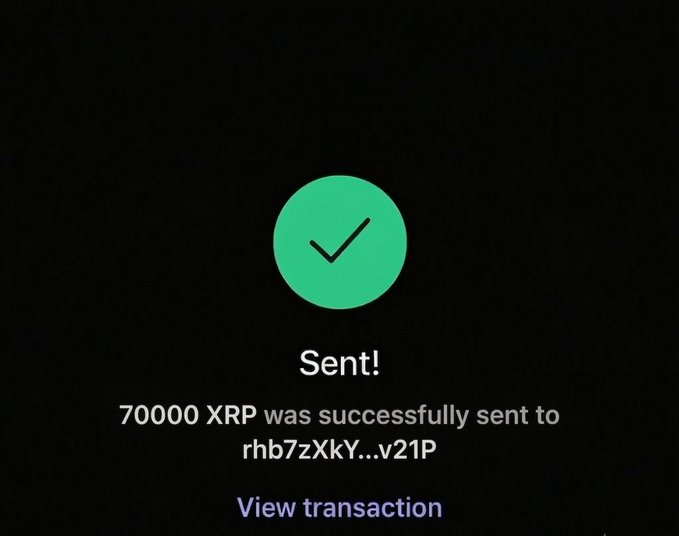 The image shows a message screen with an email icon displaying a green checkmark and the text "Sent!". The email appears to be from someone named "Just Say $XRP" who wants to send money to another person, possibly for a competition or some other event. The recipient's name is not visible in the image but it can be inferred that they have never won anything before.