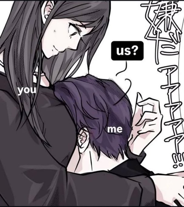 A black-and-white anime panel shows two characters, labeled 'you' and 'me,' with a speech bubble containing 'us?' and Japanese text.