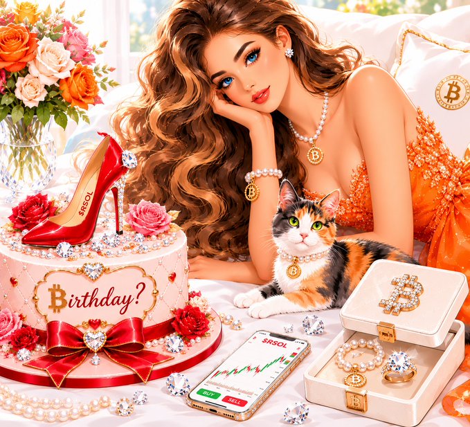 A digital illustration of a glamorous woman in an orange dress wearing Bitcoin jewelry, surrounded by a birthday cake labeled 'Birthday?', a red '$RSOL' high heel, a cat with a Bitcoin collar, jewelry box, and a phone displaying a '$RSOL' trading chart.