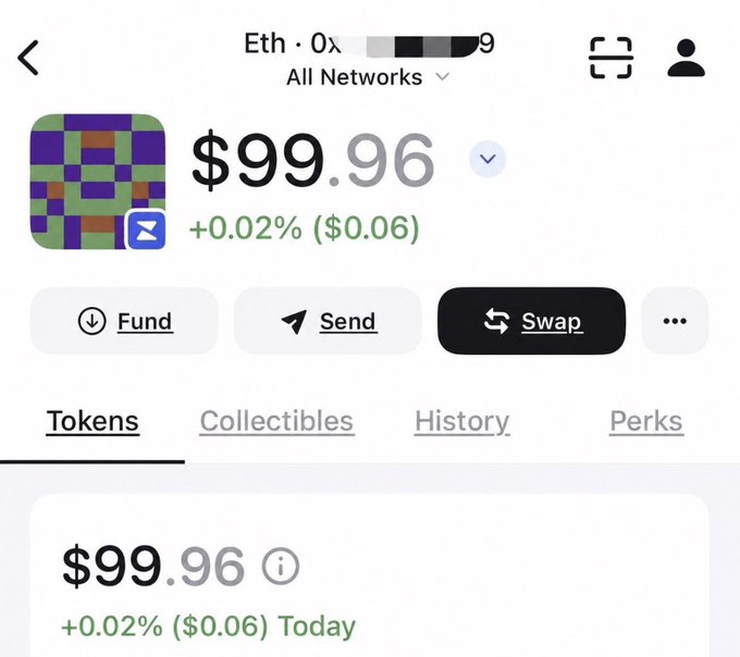 Mobile wallet screenshot showing an Ethereum wallet with $99.96 balance and a pixelated NFT icon.