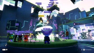 A scene from a video game showing multiple player characters gathered in a glowing area with usernames displayed above their heads, including 'ChefMenden' and 'SirBubby'.