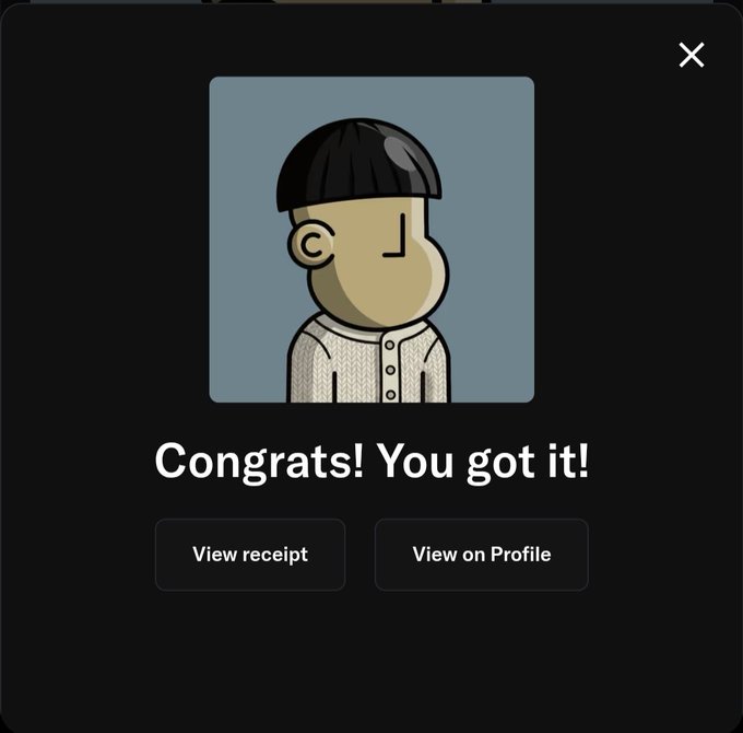 A dark pop-up confirmation screen displaying a cartoon character avatar with the text 'Congrats! You got it!' alongside 'View receipt' and 'View on Profile' buttons.