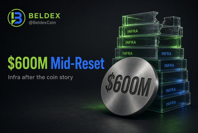 A promotional image for BELDEX (@BeldexCoin) advertising a '$600M Mid-Reset' for 'Infra after the coin story,' featuring a metallic $600M coin and stacked glass bricks labeled 'INFRA.'