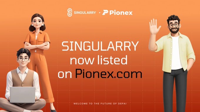 An orange promotional banner featuring 3D cartoon characters that reads 'SINGULARRY now listed on Pionex.com' with the tagline 'WELCOME TO THE FUTURE OF DEFAI'.