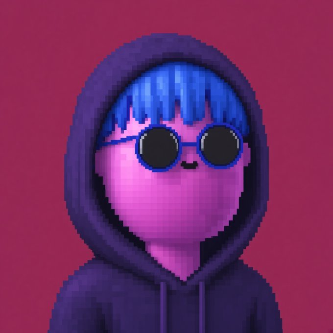 A pixel art illustration of a pink character with blue hair wearing round black sunglasses and a dark purple hoodie against a dark red background.