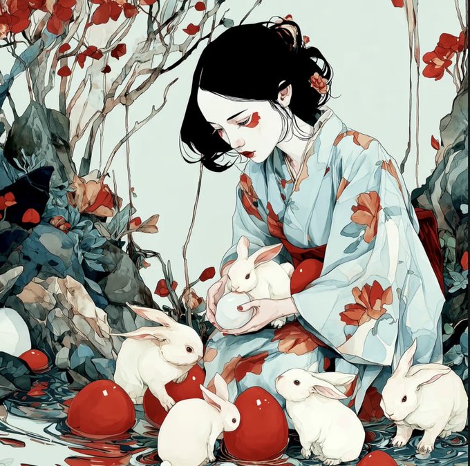 The image features an artist's illustration of a woman wearing traditional Japanese clothing, surrounded by white rabbits with red ears. The scene takes place near water, adding depth and context to the artwork. The artist has also included a watermark that reads "Just a friendly reminder or favorite art engine could sneak attack with a Hana at any moment". This message is related to the post about the upcoming Hana season, as it serves as a reminder of the ongoing theme in the image.