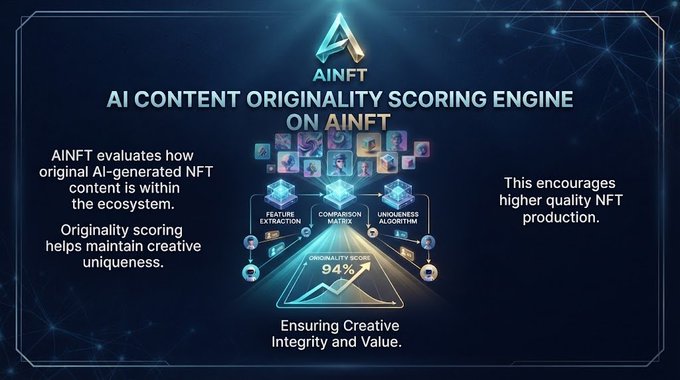 An informational graphic titled 'AINFT - AI Content Originality Scoring Engine on AINFT' explaining that the platform evaluates the originality of AI-generated NFT content through feature extraction, comparison matrix, and uniqueness algorithm, displaying an originality score of 94%.