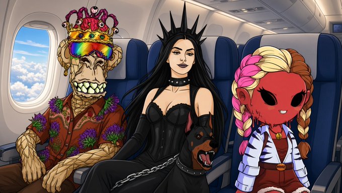 An illustration depicts three stylized characters—a skeleton with a crown and rainbow sunglasses, a woman in black with a spiked crown and a Doberman, and a red alien-like girl with pink and blonde braids—seated on an airplane.
