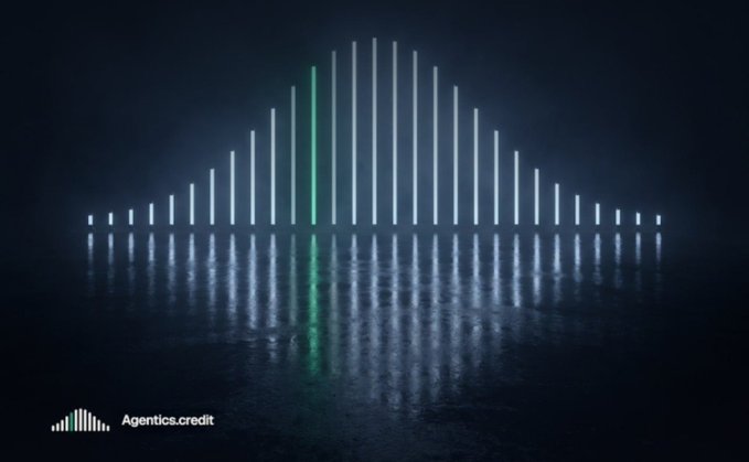 A dark visual with vertical light bars forming a waveform or equalizer pattern on a reflective surface, with one bar highlighted in green, labeled "Agentics.credit" in the corner.
