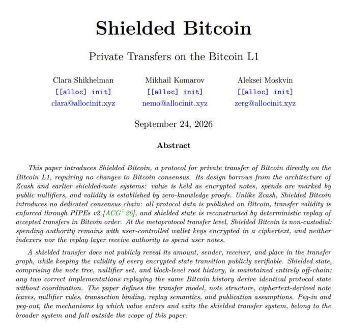 Title page of an academic paper titled 'Shielded Bitcoin: Private Transfers on the Bitcoin L1' by Clara Shikhelman, Mikhail Komarov, and Aleksei Moskvin, dated September 24, 2026.