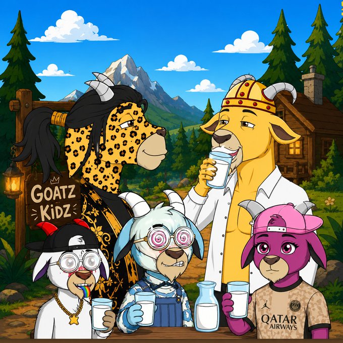 An illustration titled 'GOATZ KIDZ' shows several cartoon goat characters gathered together, with one drinking from a glass and another wearing a 'QATAR AIRWAYS' jersey.