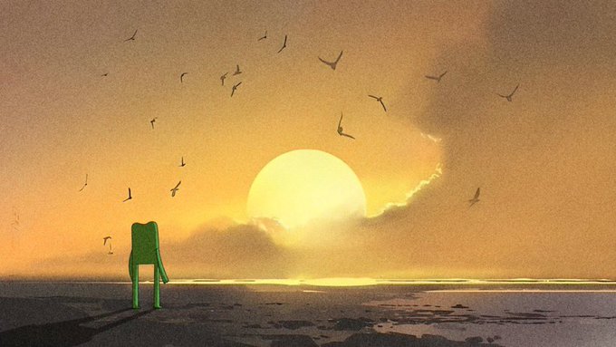 A melancholic scene shows a lone green plastic chair sitting on a wet beach at sunset, with birds flying across a warm, golden sky.