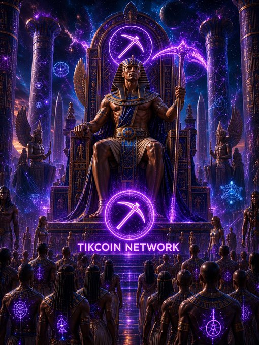 A regal pharaoh sits enthroned on a cosmic throne, wielding a glowing purple scythe as a crowd of followers gathers below in a mystical temple, with the Tikcoin Network logo prominently displayed at the center. The grandeur and power conveyed in the image ironicize the post's criticism, contrasting the imposing, otherworldly "divine" presentation of Tikcoin with the community's frustration over unfulfilled promises.