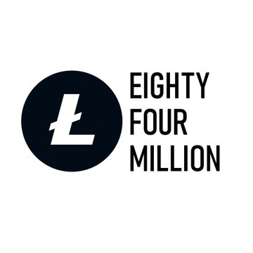 A logo for 'EIGHTY FOUR MILLION' featuring a stylized white 'L' on a black circle, referencing Litecoin.