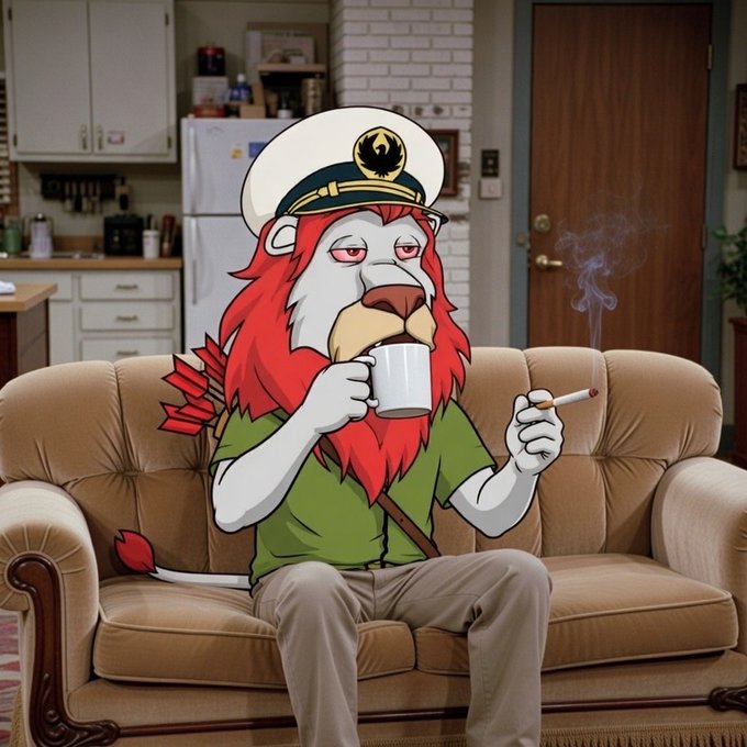An animated anthropomorphic lion wearing a white captain's hat and green shirt sits on a brown couch, holding a mug of coffee in one hand and a lit cigarette in the other, with a kitchen visible behind him.