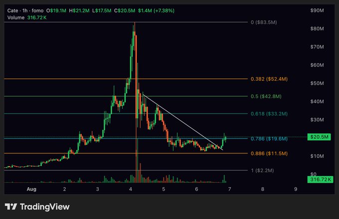 A TradingView 1-hour candlestick chart for $CATE showing a recent breakout with price at $20.5M (+7.38%), displaying Fibonacci retracement levels (0.382 at $52.4M down to 0.886 at $11.5M) with the 0.786 level highlighted, illustrating the post's commentary about the ~35% gain from the breakout and the next target being a push toward the 0.618 fib level at $33.2M.