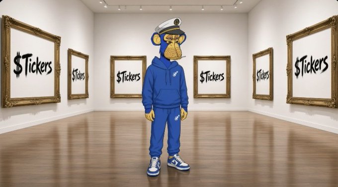 An NFT-style image of a Bored Ape character in a blue tracksuit, captain's hat, and Jordan sneakers standing in an art gallery with framed canvases displaying '$Tickers'.