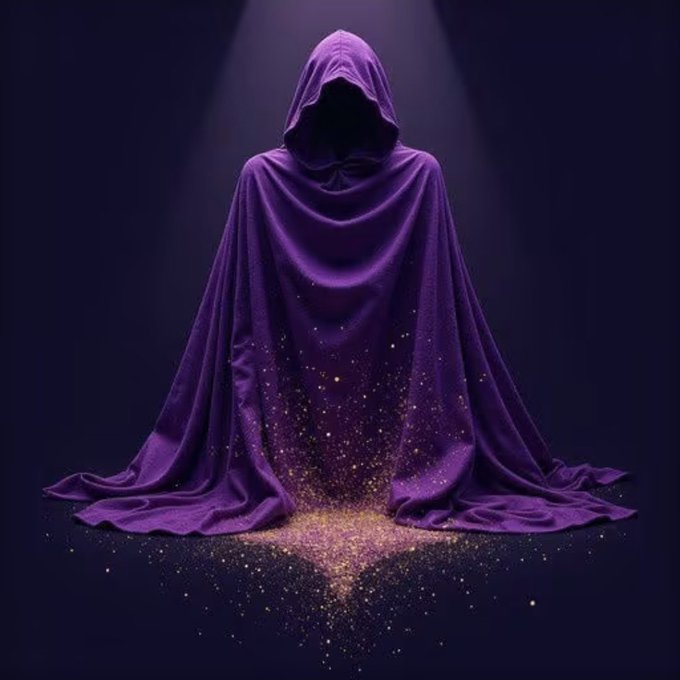 A mysterious, faceless figure draped in a deep purple hooded cloak that dissolves into a shower of glittering gold particles, suggesting the transformative alchemy of tokenization. The image visually embodies the post's message: just as the solid cloak turns to sparkling dust, traditional assets—stocks, bonds, real estate, art—are dissolving from their physical or institutional forms into digital tokens.

**Caption:** A cloaked figure dissolving into a cascade of golden particles, symbolizing the tokenization of all assets.