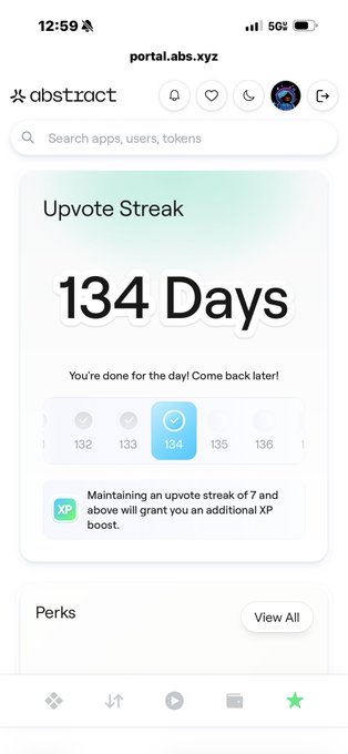 A screenshot from portal.abs.xyz showing an Abstract app upvote streak of 134 Days with a message 'You're done for the day! Come back later!' and an XP boost perk notification.