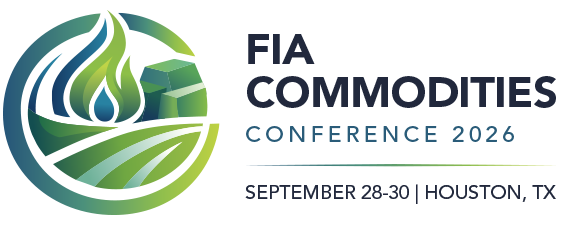 A logo for the 'FiA COMMODITIES CONFERENCE 2026' held September 28-30 in Houston, TX, featuring a green and blue flame and water droplet design.