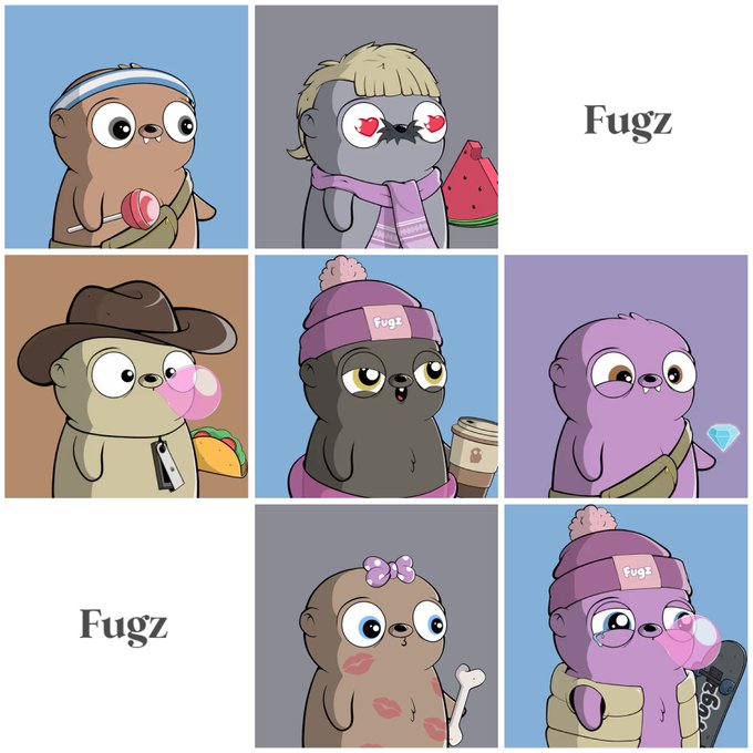 Collection of cartoon NFT illustrations called 'Fugz' showing various cute seal-like characters in different outfits including hats and scarves.