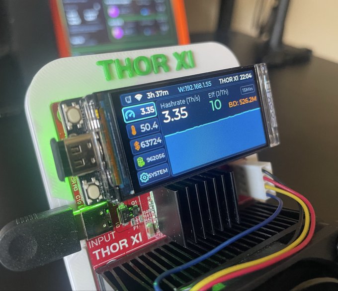 A close-up of a cryptocurrency mining device labeled 'THOR XI' displaying a screen with hashrate of 3.35 TH/s and other mining statistics.