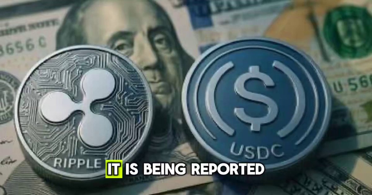 The image shows two coins lying side by side on top of US dollar bills, with the coin labeled "RIPPLE" at one end and a dollar bill displaying the text "USDC" at the other end. Above these items are words emphasizing their association with cryptocurrency and USDC. In the background, there is a blurred photo of money, possibly indicating the potential value or importance of this digital currency.