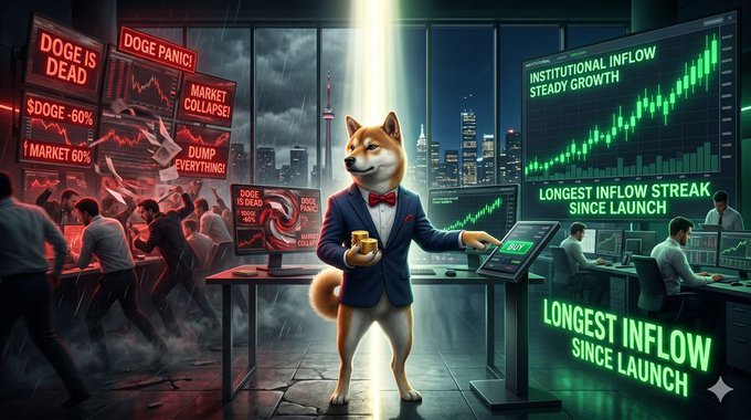 The image features a cute brown dog dressed up as a businessman with a tie and jacket standing next to an Excel chart with a bar graph labeled "Longest inflow since launch" and a "DOGE spot ETFs just printed their longest inflow stretch". A sign in front of the dog reads "Quiet signal most people missed this week: $DOGE spot ETFs just printed their longest inflow streak since launch. REX-Osprey DOJE and 21Shares TDOG. Both green on the tape." The background includes a cityscape with tall buildings.