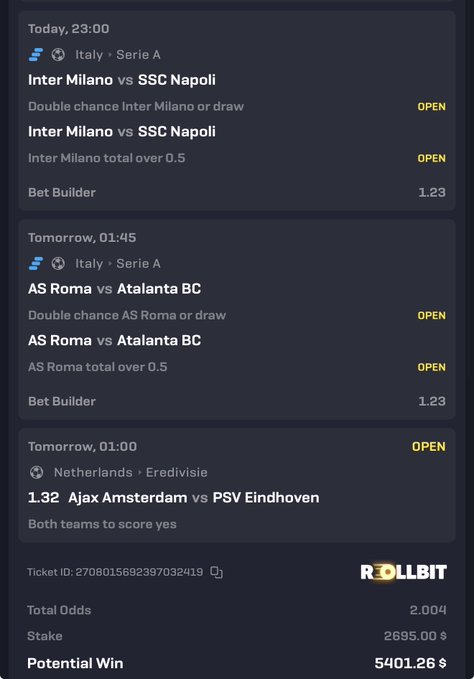 The image displays a Rollbit betting slip featuring three football parlay selections: Inter Milano vs SSC Napoli (Double chance: Inter or draw) at odds of 1.23, AS Roma vs Atalanta BC (Double chance: Roma or draw) at 1.23, and Ajax Amsterdam vs PSV Eindhoven (Both teams to score yes) at 1.32, with a total odds of 2.004, a stake of 2695.00, and a potential win of 5401.26—this serves as visual proof of the user's successful parlay claim, contradicting their post's assertion of a "$500 to 1 lucky winner" as the actual wager shows a much higher stake and multiple betting options.