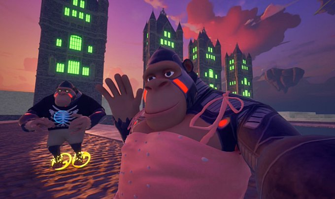 A screenshot from a video game or VR environment featuring two cartoon gorillas with glowing orange accents in their attire, set against a backdrop of gothic buildings with green lit windows at sunset.