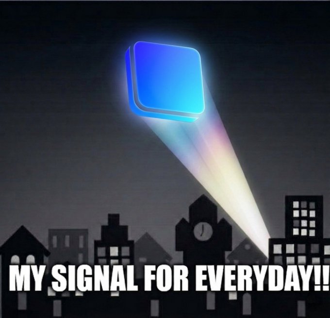A blue square emblem emits a rainbow beam over a dark cityscape silhouette, with the caption 'MY SIGNAL FOR EVERYDAY!!' in bold white letters below.