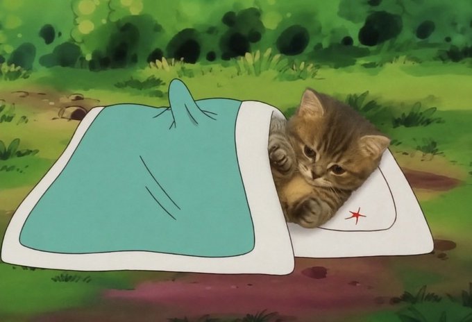 A real cat is creatively edited into an animation style to appear sleeping inside a green and white sleeping bag lying on the grass.