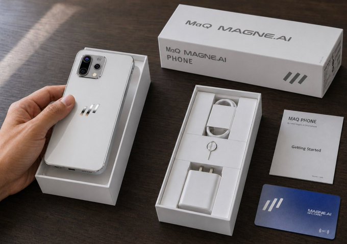 A hand holds a white smartphone with a dual-camera setup, lifted from its packaging box. The box is labeled "MaQ MAGNE.AI PHONE" and includes accessories like a charging cable, wall adapter, and SIM tool, along with a "Getting Started" guide and a "MAGNE.AI" card.