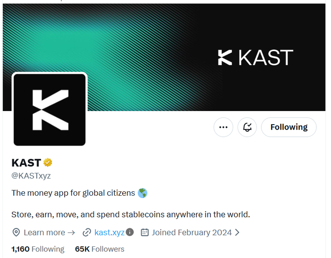 The image features a social media post about a stablecoin project called KAST. The post includes a logo for the stablecoin, along with information about the project's goals and its impact on global finance. It also mentions that there are 65K+ followers and counting who have joined the community to work together towards these goals.