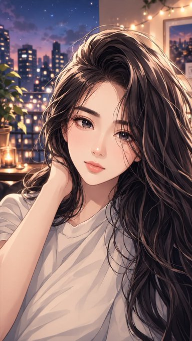 An anime-style illustration of a girl with long, wavy dark hair looking at the viewer, set against a nighttime city skyline background.