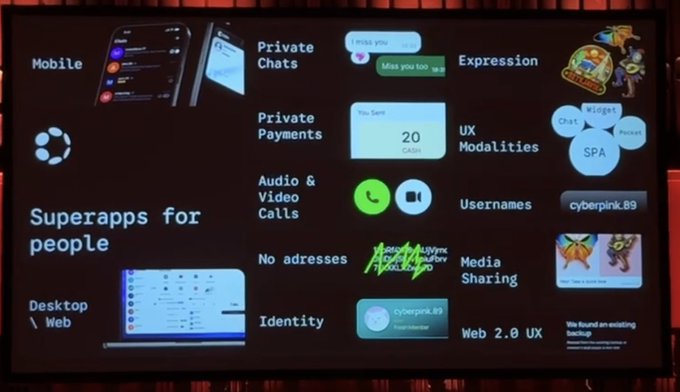 The image shows a large screen displaying various app icons, including "Superappps", "mobile", "private messages", "social media", "Ux", "desktop", "identity", "web 2.0", and "UK". The text in the image reads "Polkadot Superapps for people." This suggests that the image is related to a discussion or presentation about different app features, specifically focusing on how they can be used by people.

The screen also includes icons representing various apps such as messaging, social media, and identity management. These icons provide visual representations of the app functionalities, making it easier for users to understand what each app offers. The image is likely part of a larger presentation or discussion about different app features and their benefits for people.