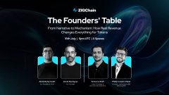 A dark promotional banner for 'The Founders' Table' by ZooChain on April 24, featuring headshots of five people with their names and titles.