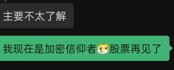A chat screenshot in Chinese reading '主要不太了解' (mainly don't really understand) and '我现在是加密信仰者🐱股票再见了' (I'm now a crypto believer 🐱 goodbye stocks).