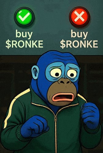 The image features a cartoon monkey wearing a green jacket, with its mouth open as if making a funny face or shouting. The monkey appears to be confused about whether to buy or sell $RONKE. In the background of the image, there are two buttons - one labeled "buy" and another labeled "sell". These buttons are located above the monkey's head, indicating that they are related to the decision being made by the cartoon character.