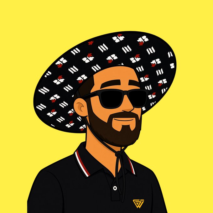 A cartoon illustration of a bearded man wearing sunglasses and a black sombrero with white and red patterns, dressed in a black polo shirt with red and white trim, set against a solid yellow background.