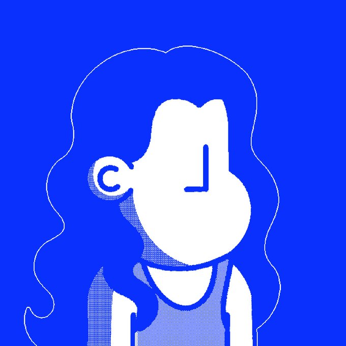 A stylized blue and white illustration of a figure with long wavy hair, featuring a distorted face with a clock-like element.