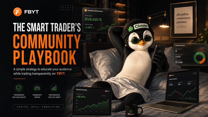 An advertisement for FBYT titled 'THE SMART TRADER'S COMMUNITY PLAYBOOK' featuring a penguin mascot wearing sunglasses and a 'Clover' cap, lying in bed using a phone, with trading performance metrics displayed ($126,420.75 total value, 8 vault overview).