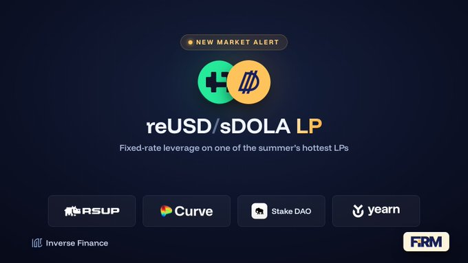 A promotional graphic announcing "NEW MARKET ALERT" for the reUSD/sDOLA LP, featuring fixed-rate leverage on the LP pair with logos for RSUP (Resupply), Curve, Stake DAO, and yearn, alongside Inverse Finance and FiRM branding. The image illustrates the five-protocol stack highlighted in the post, showing how the reUSD/sDOLA liquidity is sourced from Curve and leveraged through Stake DAO's onlyBoost or yearn strategies on FiRM.