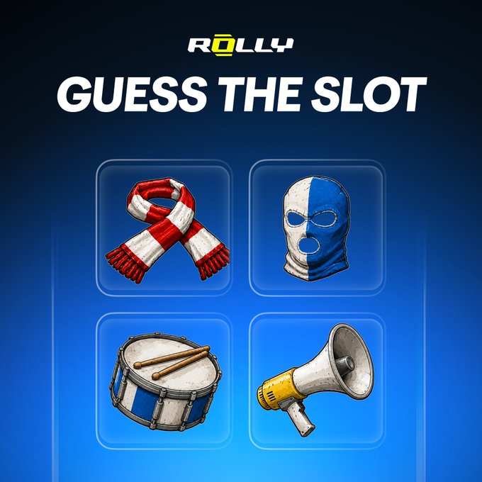 A "Rolly" branded "Guess the Slot" puzzle image displays four iconic football fan items: a red and white scarf, a blue and white balaclava, a snare drum, and a megaphone, with participants competing for a $100 prize pool by correctly identifying the team.