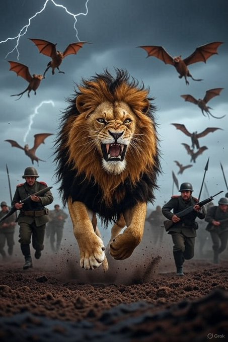 An AI-generated (Grok) image showing a giant roaring lion charging forward across a battlefield, surrounded by soldiers with rifles and winged bat-like creatures flying in a stormy sky with lightning.