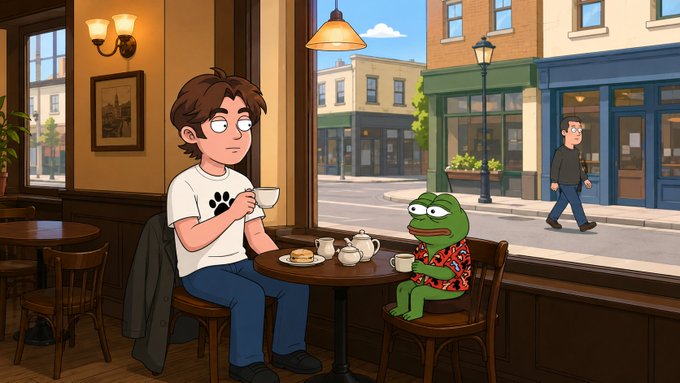 An animated cartoon scene of a man in a white paw-print t-shirt drinking coffee at a café while a green frog in a floral shirt sits across from him, with a man walking by outside the window.