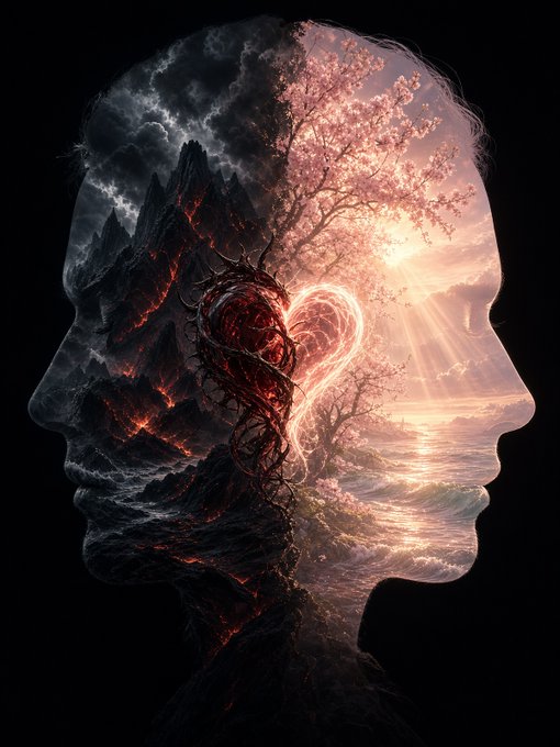 A surreal double-exposure portrait of a human silhouette filled with contrasting imagery: a stormy volcanic landscape on one side and a glowing sunset ocean with cherry blossoms on the other.