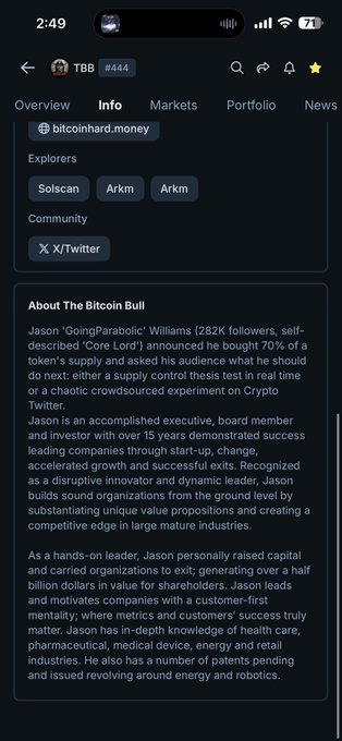 The image shows a crypto tracker app displaying information about the $TBB (The Bitcoin Bull) token, rank #444, with a "About The Bitcoin Bull" section describing founder Jason "GoingParabolic" Williams as a 282K-follower "Core Lord" who purchased 70% of the token's supply. The post "$TBB this is ya dev" appears to refer to Jason Williams being the developer of the $TBB token, as highlighted in the project info shown in the screenshot.